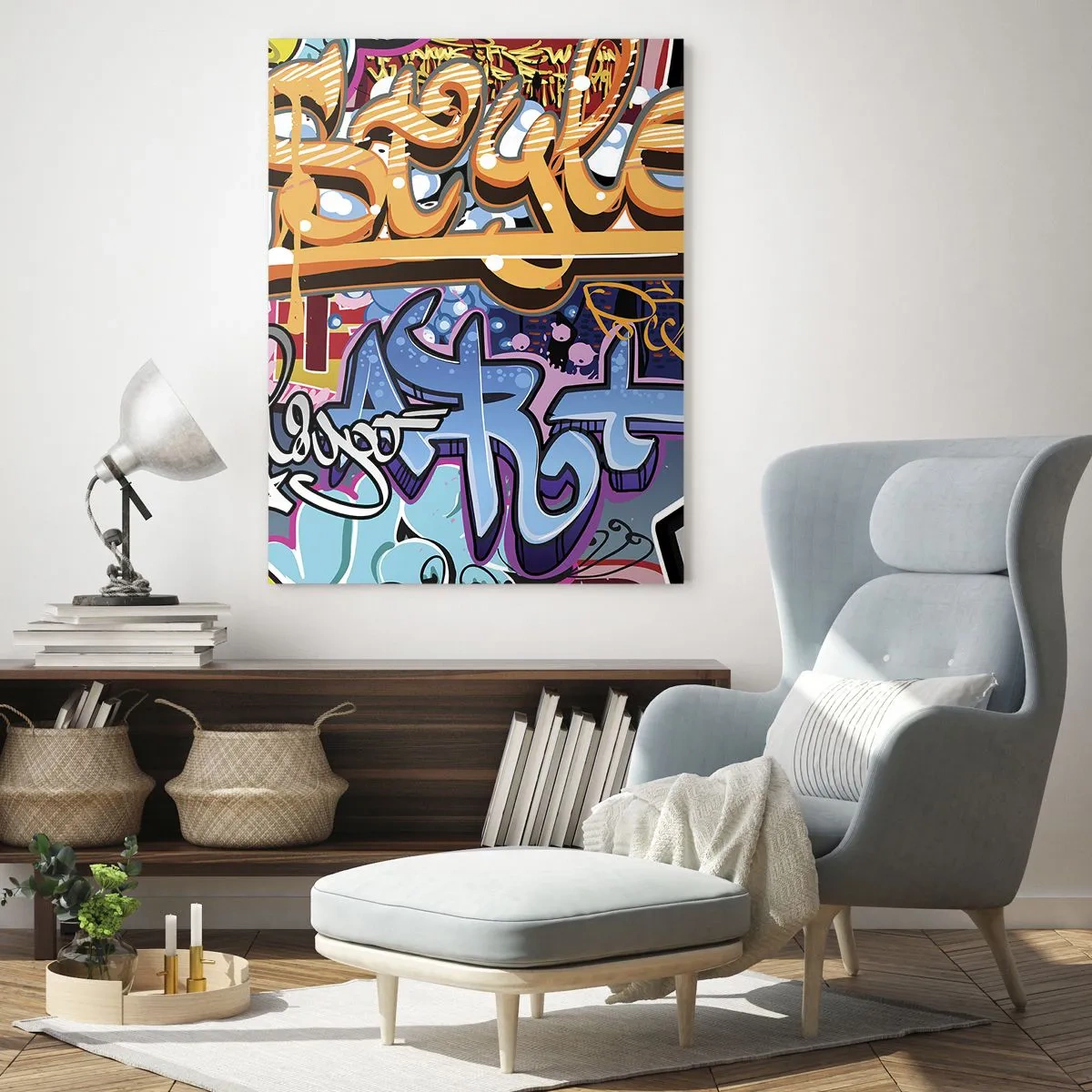 Glasbild - Bild auf glas - Bunte Graffiti mit dynamischen Aufschriften und Illustrationen - 80x120cm - Wandbilder, Wandbilder, Wandbilder ... - Moderne Wanddekoration für Wohnzimmer und Schlafzimmer ARTTOR