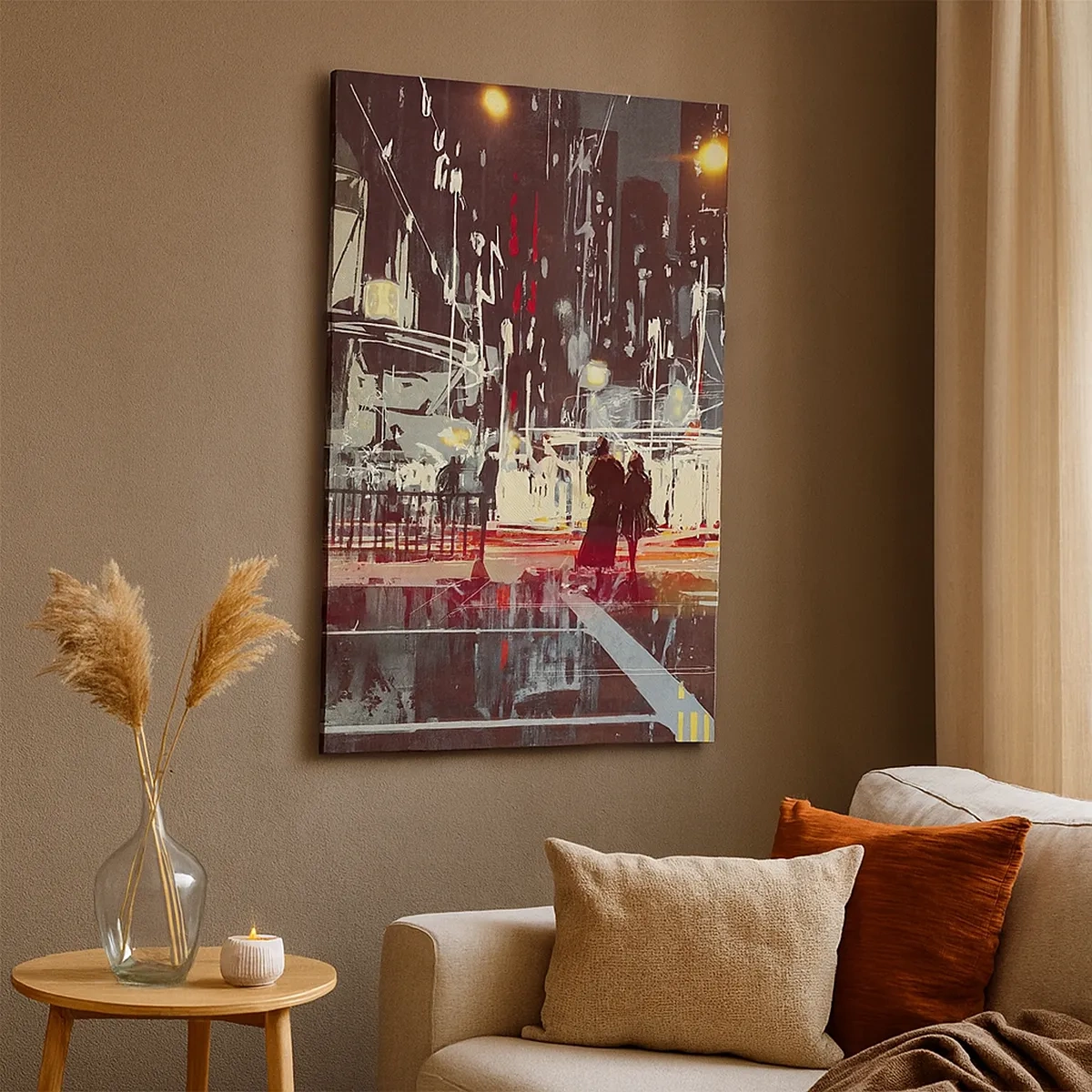 Bild auf Leinwand - Leinwandbild - Stadt bei Nacht mit Neonlichtern und Silhouetten von Menschen auf der Straße - 50x70cm - Eine große Stadtüberquerung - Moderne Wanddekoration für Wohnzimmer und Schlafzimmer ARTTOR