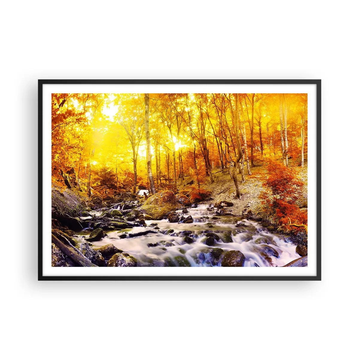Poster in einem schwarzem Rahmen - Herbstwald mit einem Bach zwischen goldenen Blättern - 100x70cm - In Gold und Platin gefasste Steine - Moderne Wanddekoration für Wohnzimmer und Schlafzimmer ARTTOR