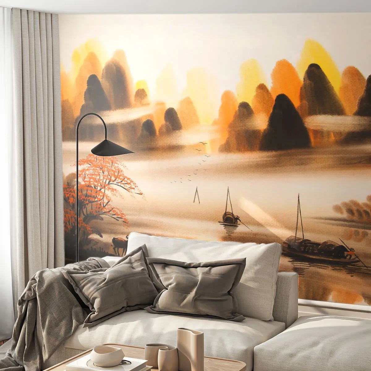 Fototapete Premium Sand - Orientalische Landschaft mit Bergen, Fluss und Booten bei Sonnenuntergang - 100x70cm - Weiter als im Fernosten - Moderne Wanddekoration für Wohnzimmer und Schlafzimmer ARTTOR