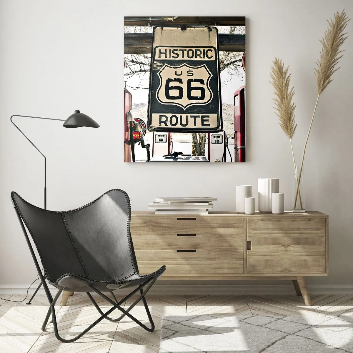 Glasbild - Bild auf glas - Vintage-Zapfsäulen und Route 66-Schild - 50x70cm - Amerikanische Retro-Reise - Moderne Wanddekoration für Wohnzimmer und Schlafzimmer ARTTOR