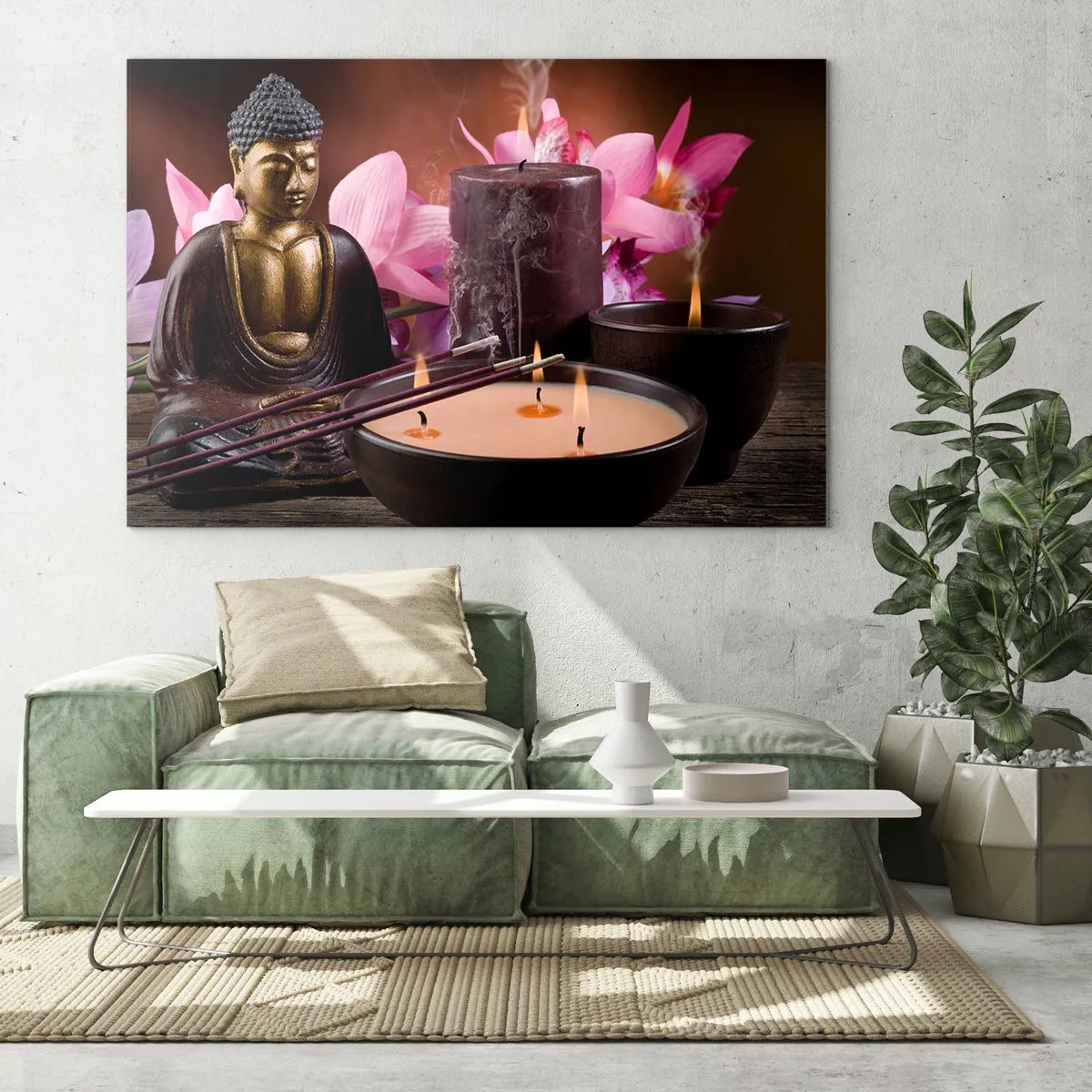Glasbild - Bild auf glas - Entspannungskomposition mit Buddha, Kerzen und Blumen - 100x70cm - Den Geist frei machen, den Körper beruhigen - Moderne Wanddekoration für Wohnzimmer und Schlafzimmer ARTTOR