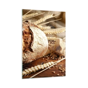 Glasbild - Bild auf glas - Brot auf einem Brett mit Weizenähren und Getreidesäcken - 50x70cm - Appetitanregend, duftend, knackig - Moderne Wanddekoration für Wohnzimmer und Schlafzimmer ARTTOR