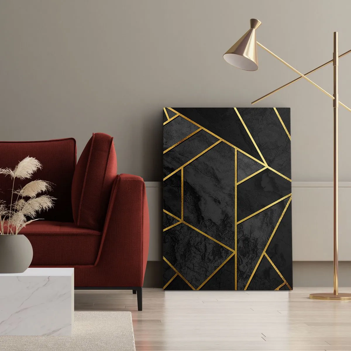 Bild auf Leinwand - Leinwandbild - Geometrisches Goldmuster auf schwarzem Hintergrund - 80x120cm - Dunkelheit und Glanz - Moderne Wanddekoration für Wohnzimmer und Schlafzimmer ARTTOR