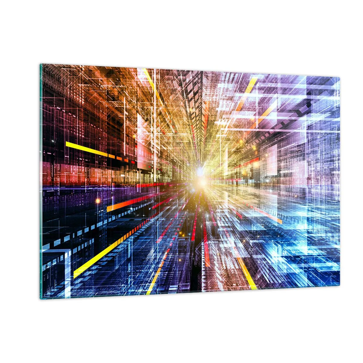 Glasbild - Bild auf glas - Abstrakte Vision mit farbigen Linien und Licht - 120x80cm - Leuchtender Korridor - Moderne Wanddekoration für Wohnzimmer und Schlafzimmer ARTTOR