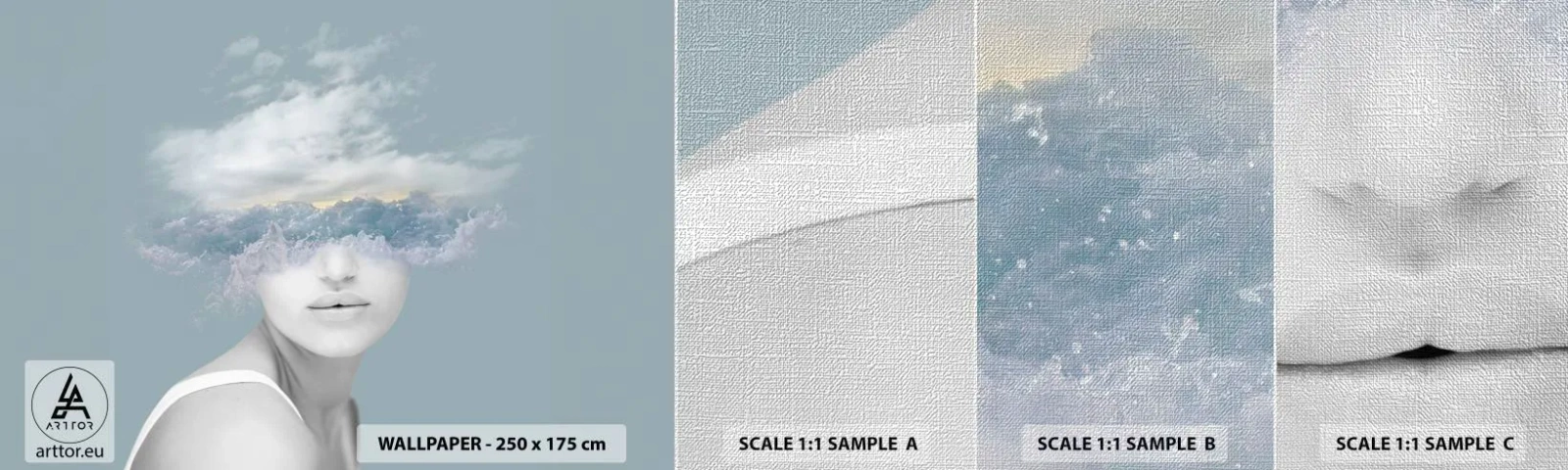 Fototapeten Muster Premium Canvas - Mit dem Kopf in den Wolken - Hell, Porträt, Wolken - 100x30 cm