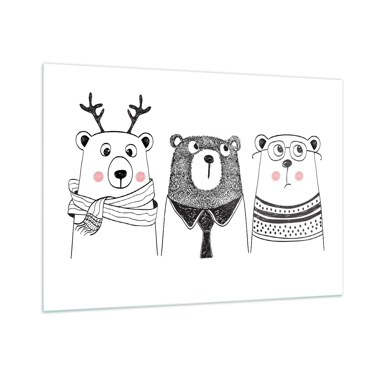 Glasbild - Bild auf glas - Drei lustige Bären in einer Schwarz-Weiß-Illustration - 100x70cm - Teddybär, Teddybär und Bär - Moderne Wanddekoration für Wohnzimmer und Schlafzimmer ARTTOR