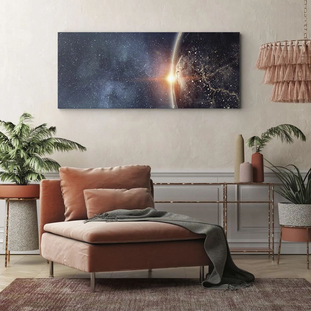 Bild auf Leinwand - Leinwandbild - Die Erde vom Weltraum aus gesehen mit der aufgehenden Sonne - 140x50cm - In einer neuen Perspektive - Moderne Wanddekoration für Wohnzimmer und Schlafzimmer ARTTOR
