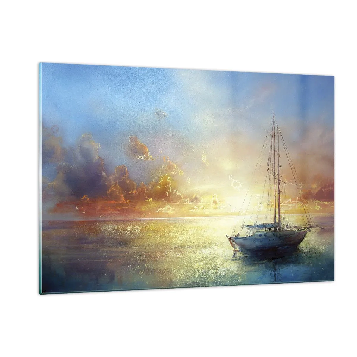 Glasbild - Bild auf glas - Ein Segelboot auf ruhiger See bei einem goldenen Sonnenuntergang - 120x80cm - In einer goldenen Bucht - Moderne Wanddekoration für Wohnzimmer und Schlafzimmer ARTTOR
