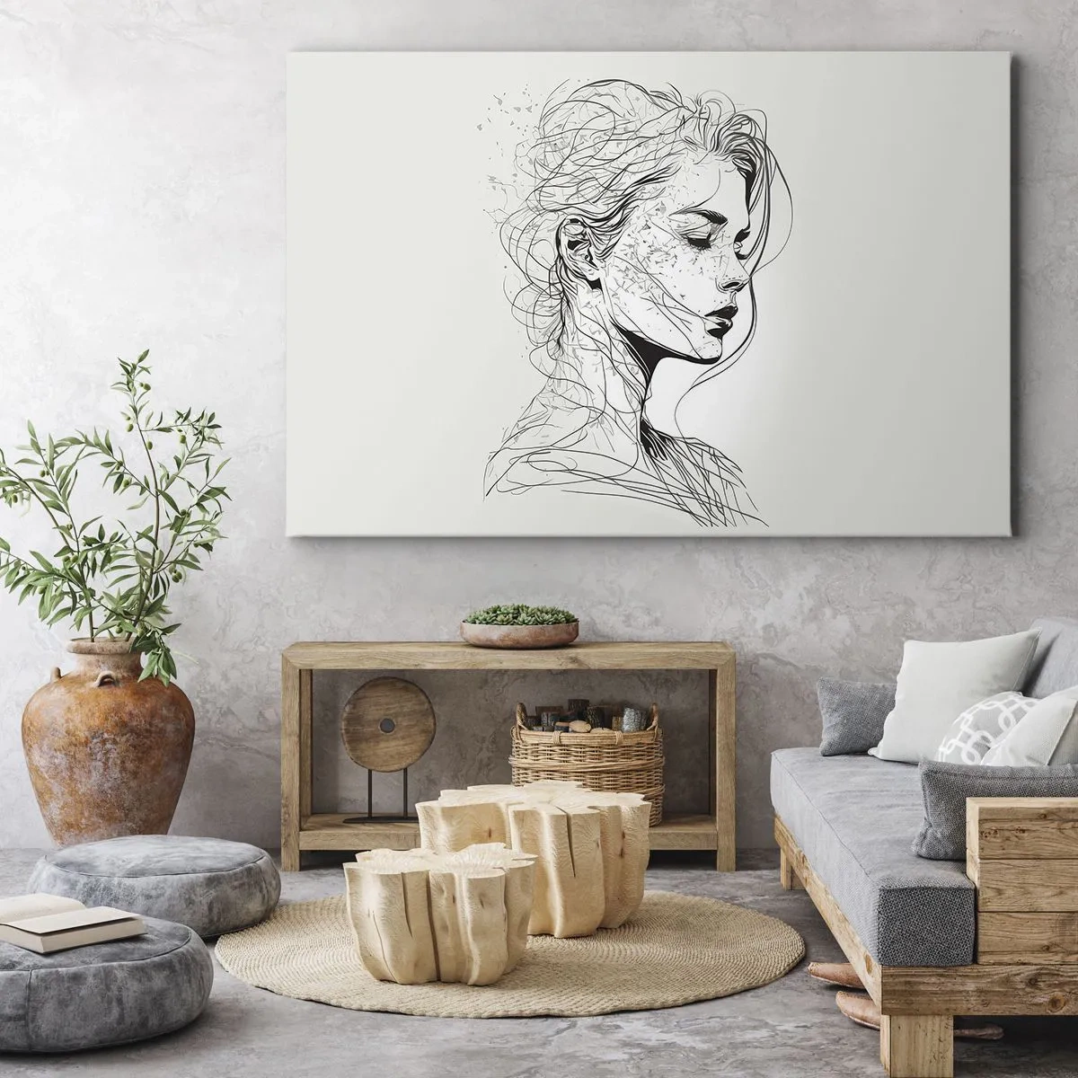 Bild auf Leinwand - Leinwandbild - Ein zartes Frauenporträt im minimalistischen Grafikstil. - 70x50cm - Porträt im Gedanken - Moderne Wanddekoration für Wohnzimmer und Schlafzimmer ARTTOR