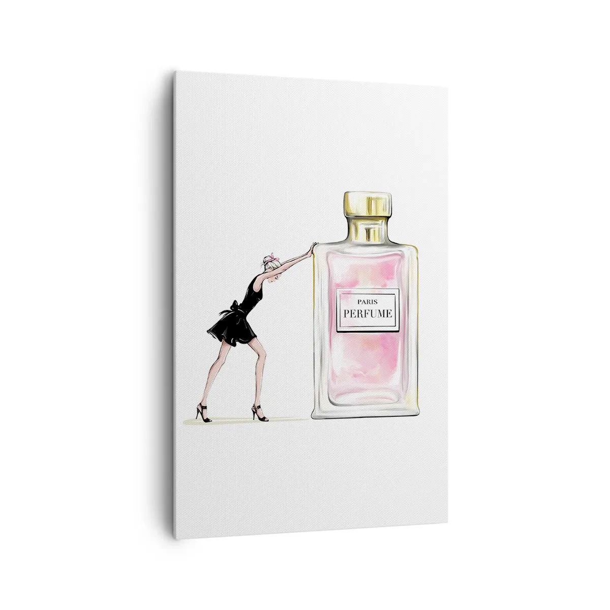 Bild auf Leinwand - Leinwandbild - Eine Frau in einem schwarzen Kleid neben einer Parfümflasche - 80x120cm - Essenz der Weiblichkeit - Moderne Wanddekoration für Wohnzimmer und Schlafzimmer ARTTOR
