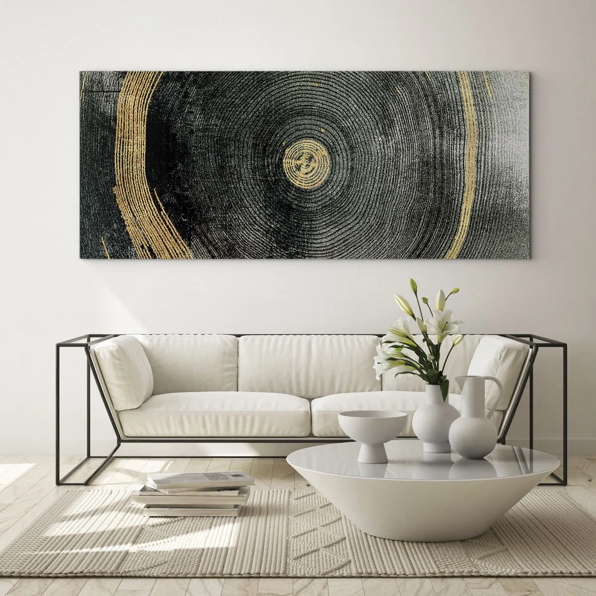Glasbild - Bild auf glas - Konzentrische Kreise mit goldenen Akzenten - 140x50cm - Veränderung und Beständigkeit - Moderne Wanddekoration für Wohnzimmer und Schlafzimmer ARTTOR