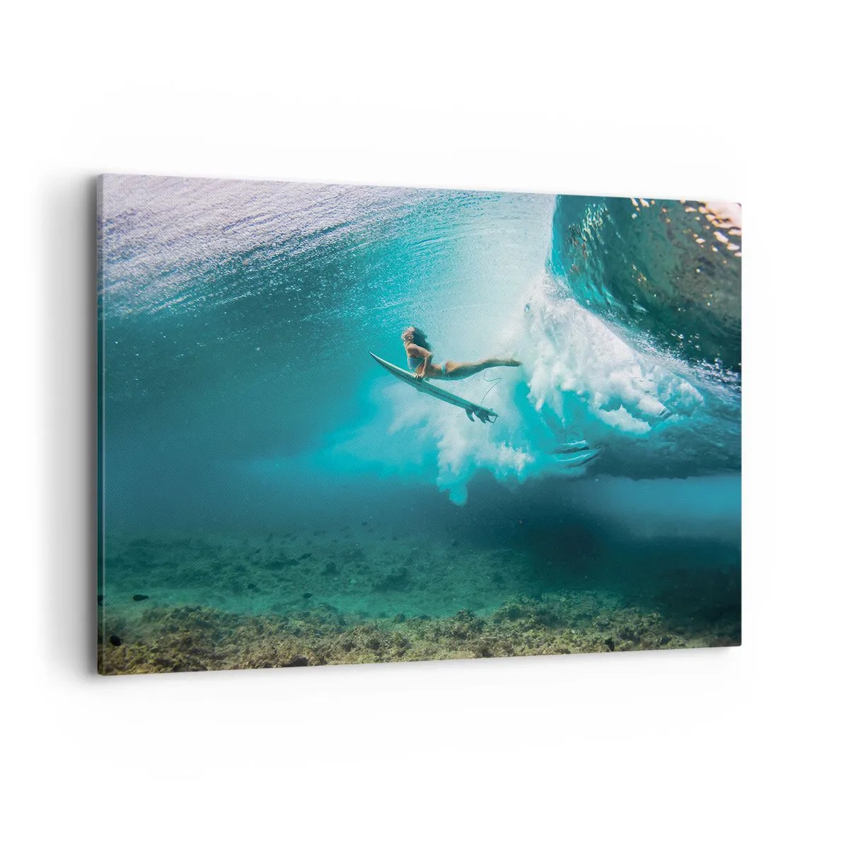 Bild auf Leinwand - Leinwandbild - Surfer unter einer Welle im blauen Ozeanwasser - 120x80cm - Unterwasserwelt - Moderne Wanddekoration für Wohnzimmer und Schlafzimmer ARTTOR