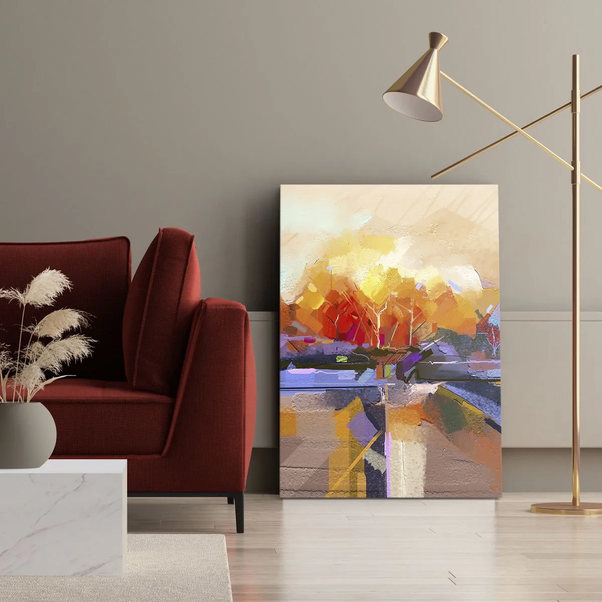 Bild auf Leinwand - Leinwandbild - Eine abstrakte Landschaft mit intensiven Herbstfarben. - 50x70cm - Der Herbst ist geworden - Moderne Wanddekoration für Wohnzimmer und Schlafzimmer ARTTOR