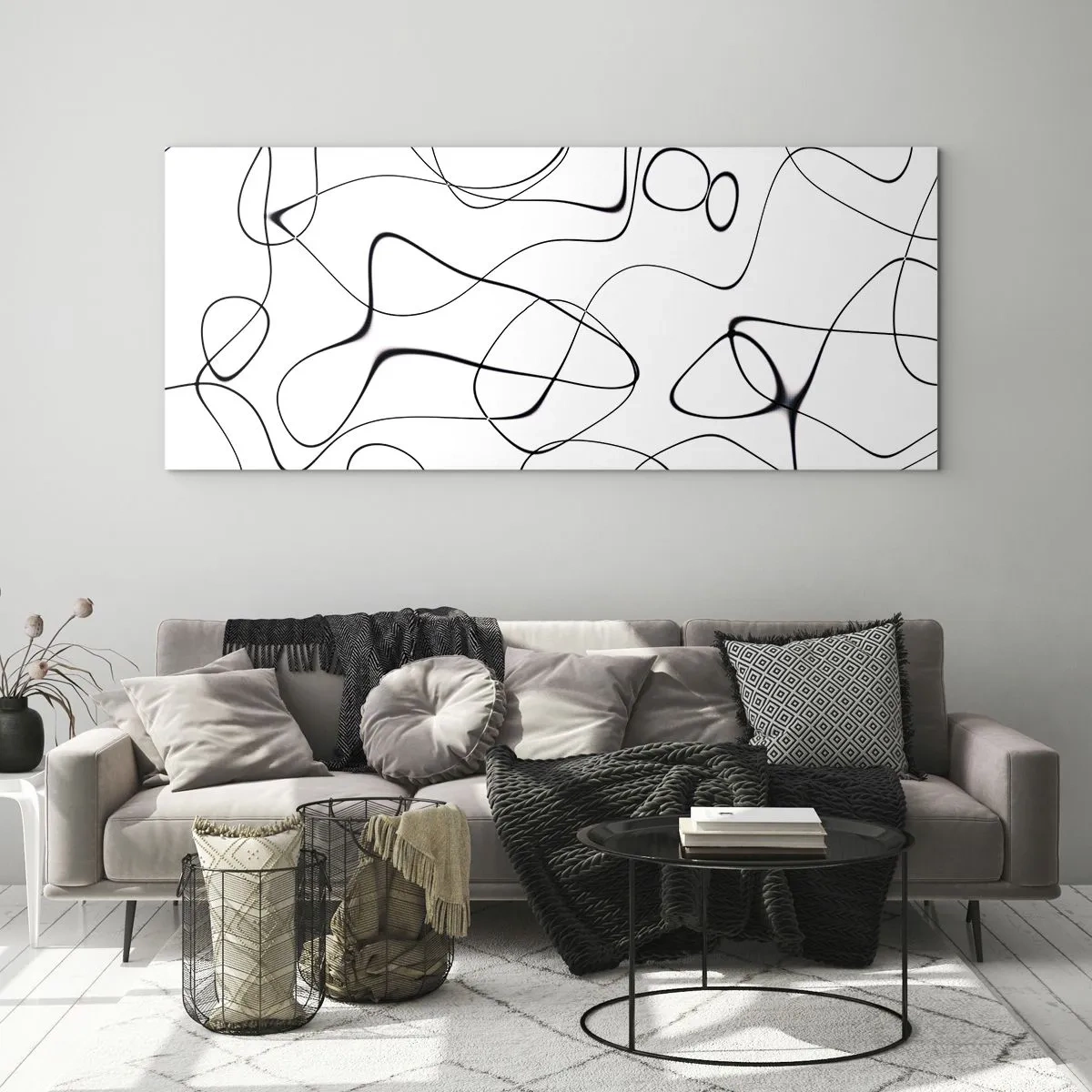 Glasbild - Bild auf glas - Abstrakte schwarze Linien auf weißem Hintergrund im minimalistischen Stil - 120x50cm - Lebenswege, Wechselfälle - Moderne Wanddekoration für Wohnzimmer und Schlafzimmer ARTTOR