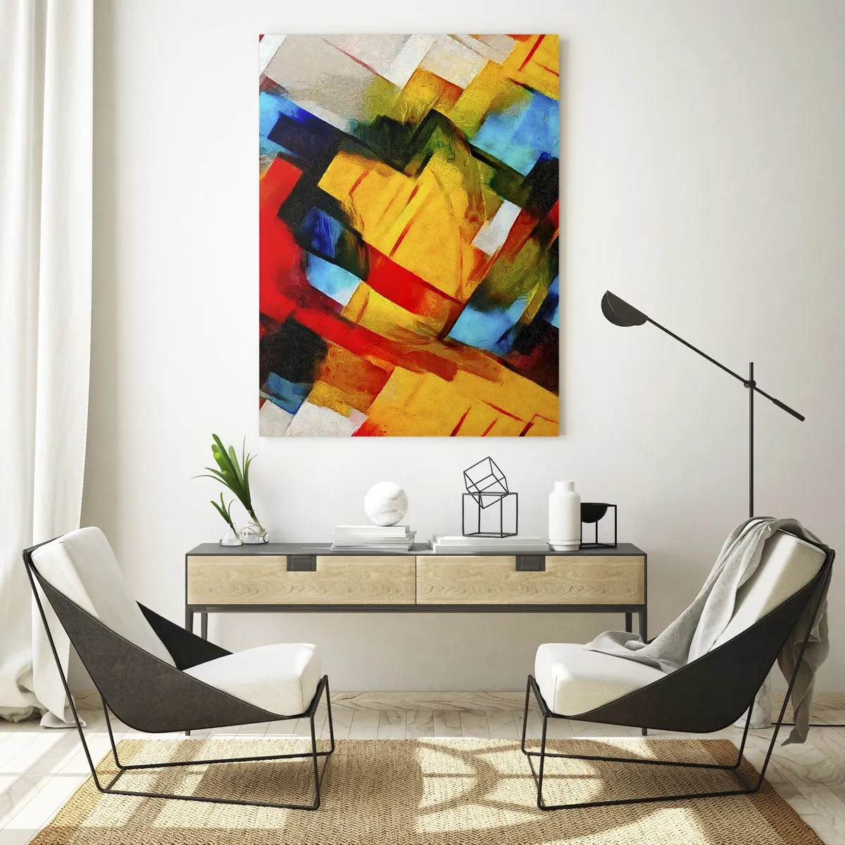 Glasbild - Bild auf glas - Abstrakte Komposition geometrischer Formen - 50x70cm - Ein bunter Interleaver - Moderne Wanddekoration für Wohnzimmer und Schlafzimmer ARTTOR