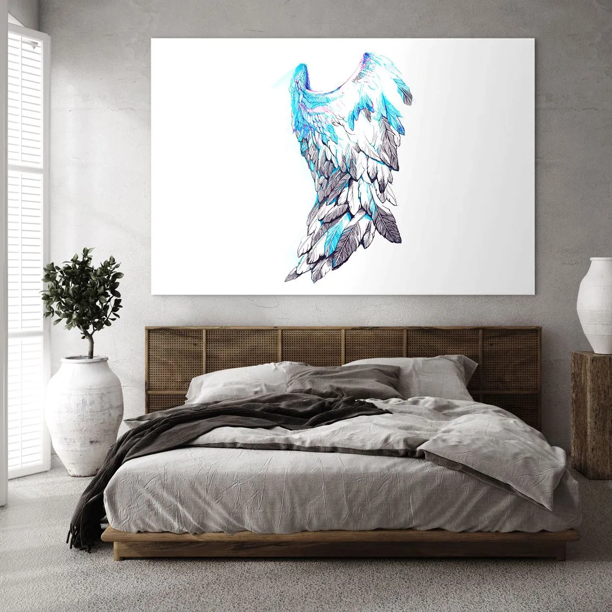Glasbild - Bild auf glas - Engelsflügel in Blau- und Grautönen - 70x50cm - Ich brauche Flügel - Moderne Wanddekoration für Wohnzimmer und Schlafzimmer ARTTOR