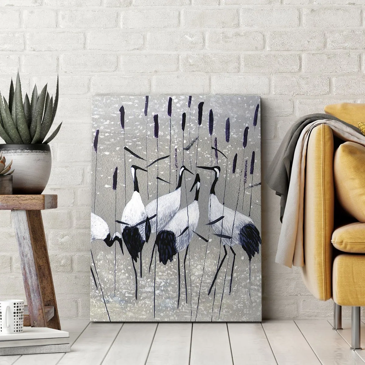 Bild auf Leinwand - Leinwandbild - Reiher im Gras vor einem friedlichen Hintergrund - 50x70cm - Unter ihren eigenen - Moderne Wanddekoration für Wohnzimmer und Schlafzimmer ARTTOR