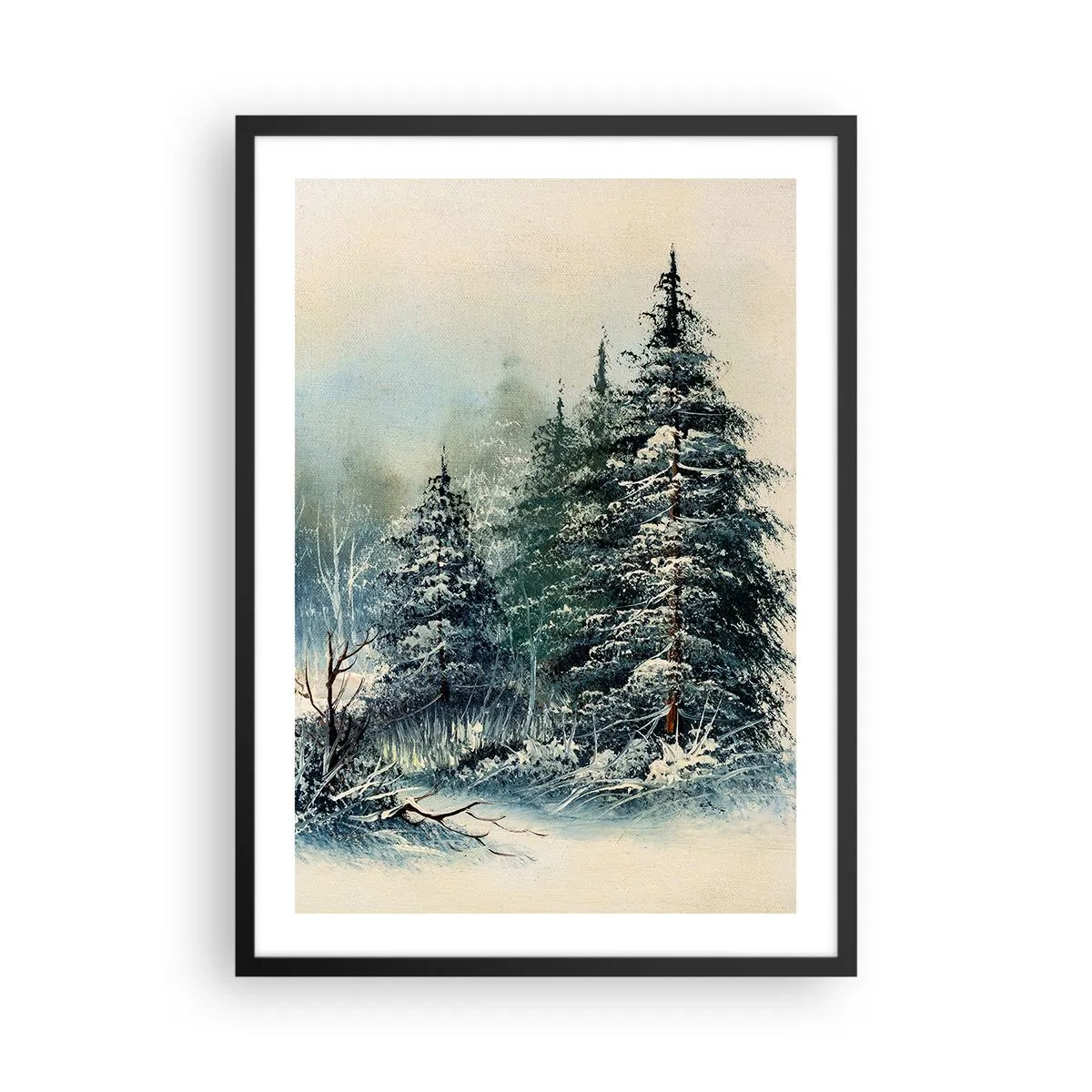 Poster in einem schwarzem Rahmen - Schneebedeckte Bäume in einem Winterwald vor einem ruhigen Himmel - 50x70cm - Bereit für Weihnachten - Moderne Wanddekoration für Wohnzimmer und Schlafzimmer ARTTOR