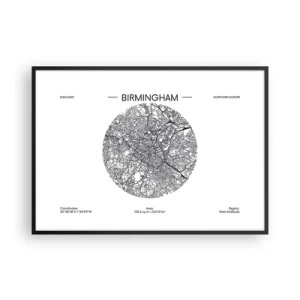 Poster in einem schwarzem Rahmen - Eine minimalistische Schwarzweißkarte von Birmingham mit präzisen Details. - 100x70cm - Anatomie von Birmingham - Moderne Wanddekoration für Wohnzimmer und Schlafzimmer ARTTOR