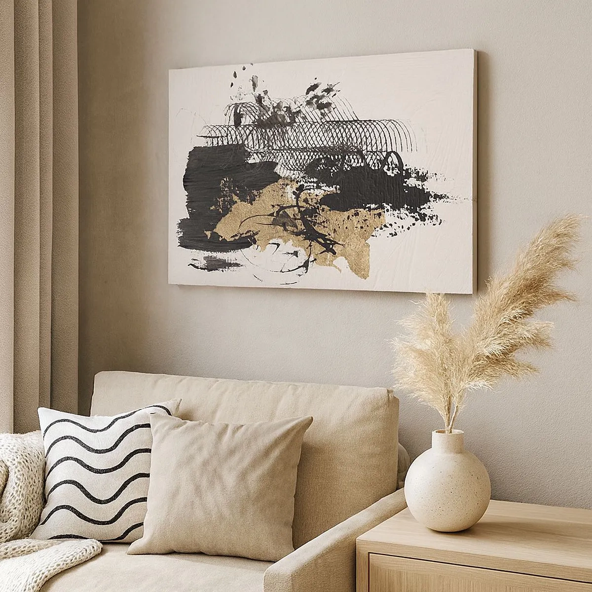 Bild auf Leinwand - Leinwandbild - Ein abstraktes Gemälde in Schwarz und Gold mit dynamischen Linien und Strukturen. - 70x50cm - Komposition mit Leidenschaft - Moderne Wanddekoration für Wohnzimmer und Schlafzimmer ARTTOR
