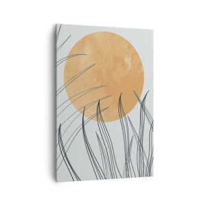Bild auf Leinwand - Leinwandbild - Abstrakte Grashalme vor dem Hintergrund einer großen orangefarbenen Sonne - 70x100cm - Immer der Sonne entgegen - Moderne Wanddekoration für Wohnzimmer und Schlafzimmer ARTTOR