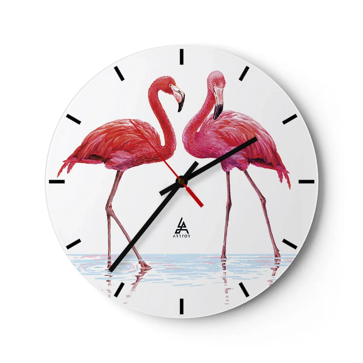Wanduhr - Glasuhr - Zwei rosa Flamingos stehen im Wasser - 30x30cm - Rosa randez-vous - Moderne Wanddekoration für Wohnzimmer, Küche und Schlafzimmer ARTTOR