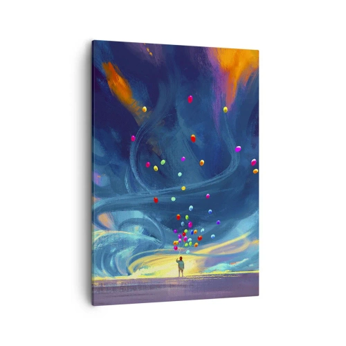 Bild auf Leinwand - Leinwandbild - Eine Figur mit Luftballons vor einem Hintergrund wirbelnder, bunter Wolken - 50x70cm - Zum blauen Wind - Moderne Wanddekoration für Wohnzimmer und Schlafzimmer ARTTOR