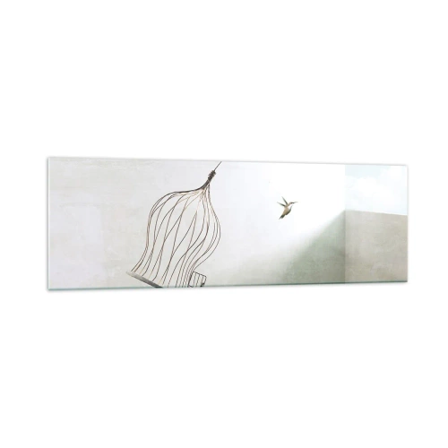 Glasbild - Bild auf glas - Ein aus einem Käfig befreiter Vogel vor dem Hintergrund eines hellen Himmels - 160x50cm - In seinem Element - Moderne Wanddekoration für Wohnzimmer und Schlafzimmer ARTTOR