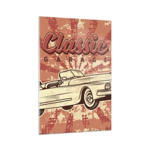 Glasbild - Bild auf glas - Retro-Poster mit einem Oldtimer und der Aufschrift „Classic Garage“ - 70x100cm - Und im Radio, Elvis - Moderne Wanddekoration für Wohnzimmer und Schlafzimmer ARTTOR