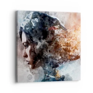 Bild auf Leinwand - Leinwandbild - Eine Geschichte über ein Mädchen mit einer Stadt im Hintergrund - 40x40 cm