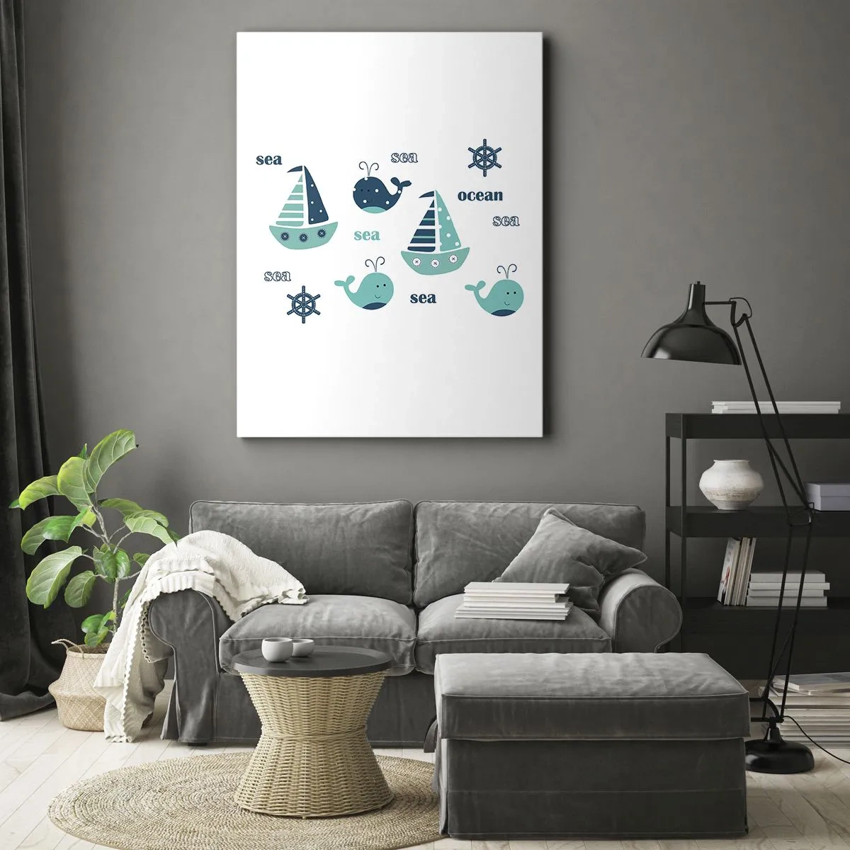 Bild auf Leinwand - Leinwandbild - Bezaubernde nautische Motive mit Walen und Segelbooten - 80x120cm - Über die Meere und Ozeane - Moderne Wanddekoration für Wohnzimmer und Schlafzimmer ARTTOR