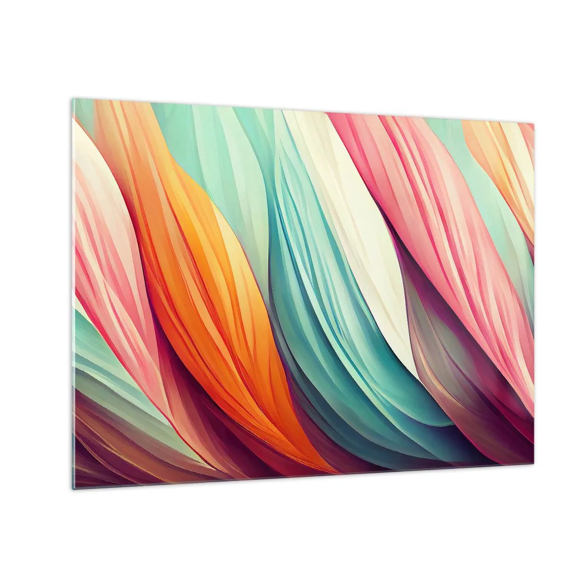 Glasbild - Bild auf glas - Ein farbenfrohes Gewebe aus abstrakten Streifen in Pastellfarben - 70x50cm - Regenbogengewebe - Moderne Wanddekoration für Wohnzimmer und Schlafzimmer ARTTOR