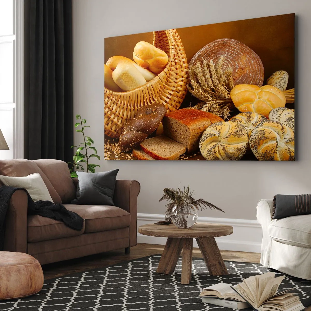 Bild auf Leinwand - Leinwandbild - Verschiedene Brotsorten in einem Weidenkorb auf goldenem Hintergrund - 120x80cm - Wir sind wieder davongekommen - Moderne Wanddekoration für Wohnzimmer und Schlafzimmer ARTTOR