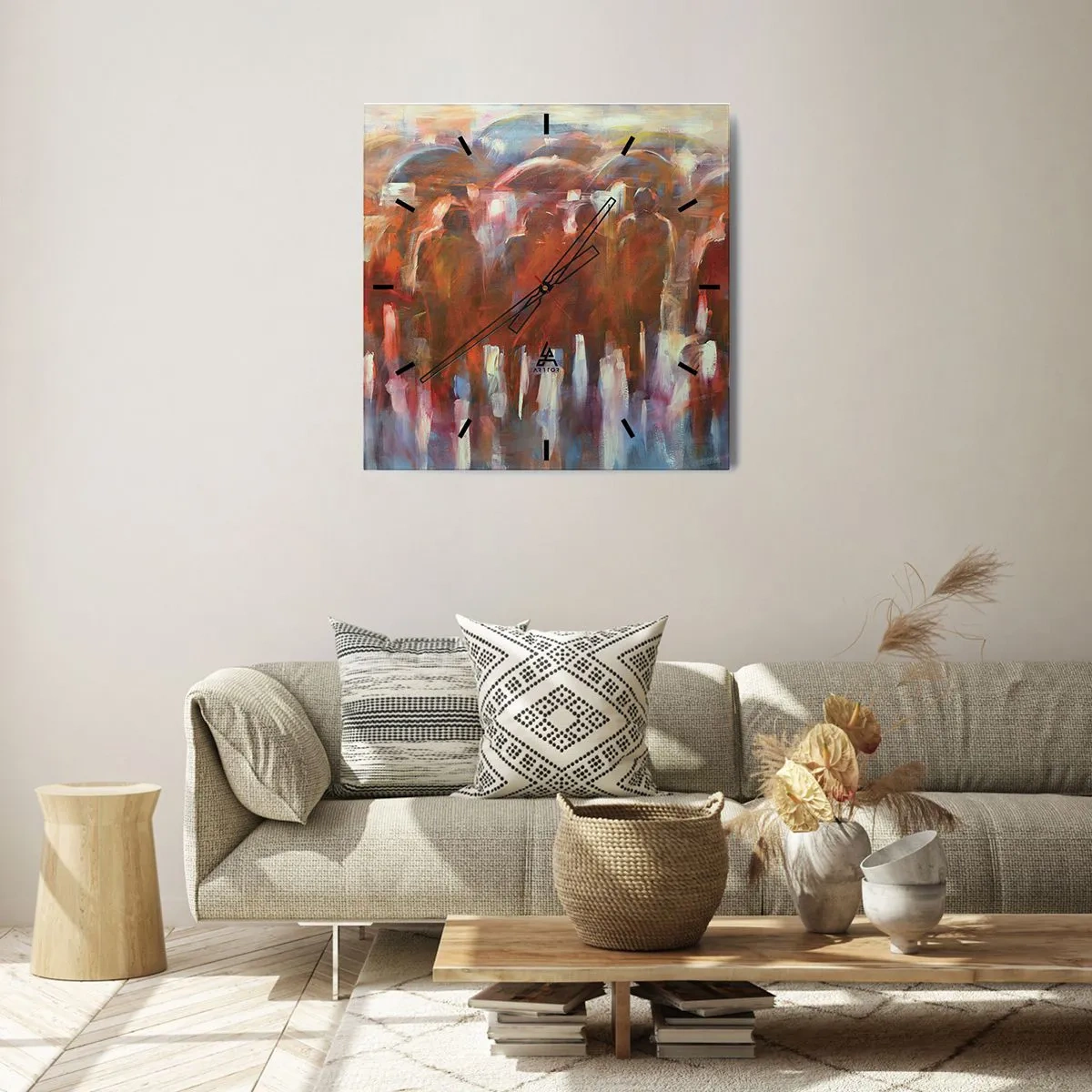 Wanduhr - Glasuhr - Eine Menschenmenge mit Regenschirmen in einer regnerischen, künstlerischen Umgebung - 30x30cm - Auch bei Regen und Nebel - Moderne Wanddekoration für Wohnzimmer und Schlafzimmer ARTTOR