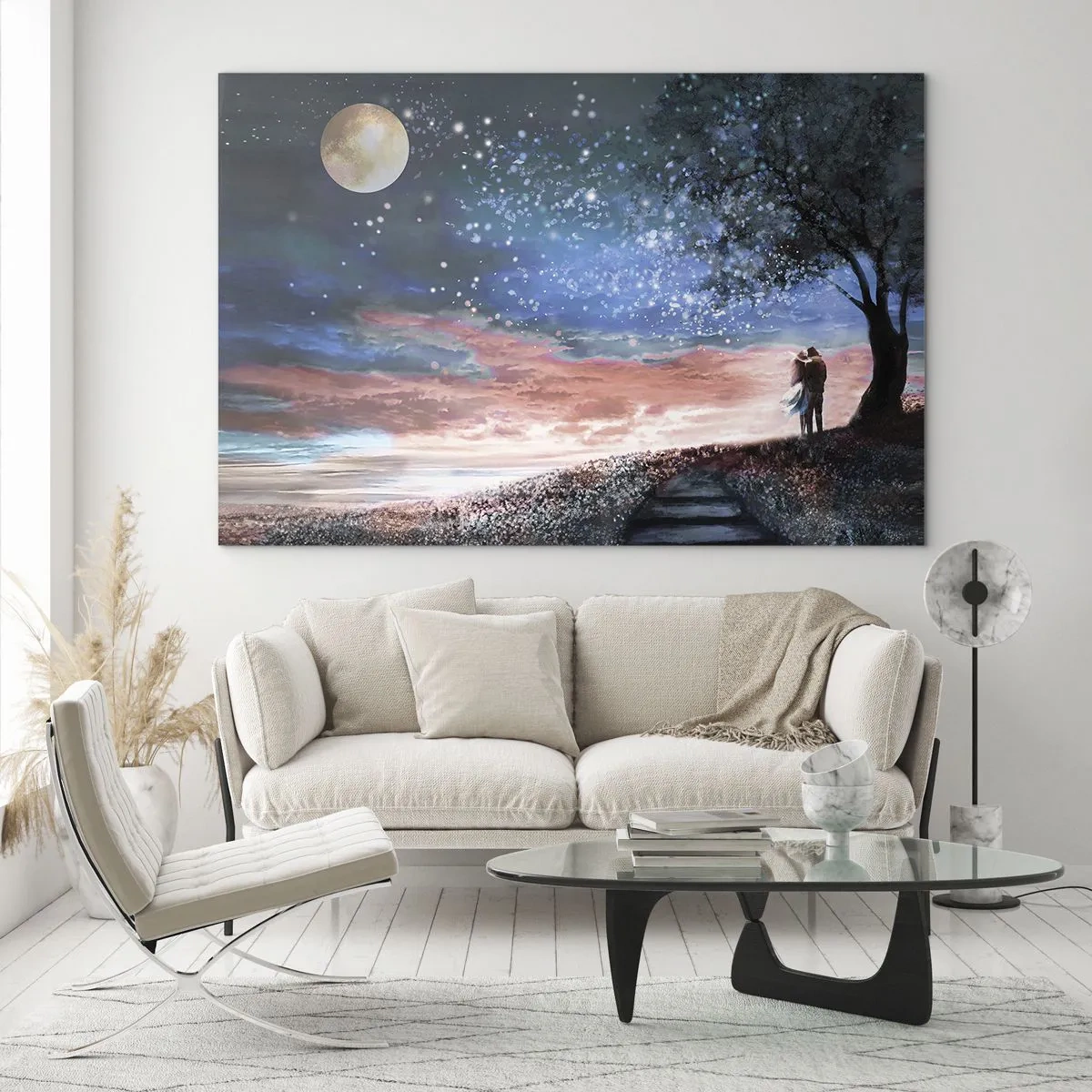 Glasbild - Bild auf glas - Ein verliebtes Paar unter einem Baum mit Mond und Sternen - 70x50cm - Ein sternenklares Spektakel - Moderne Wanddekoration für Wohnzimmer und Schlafzimmer ARTTOR