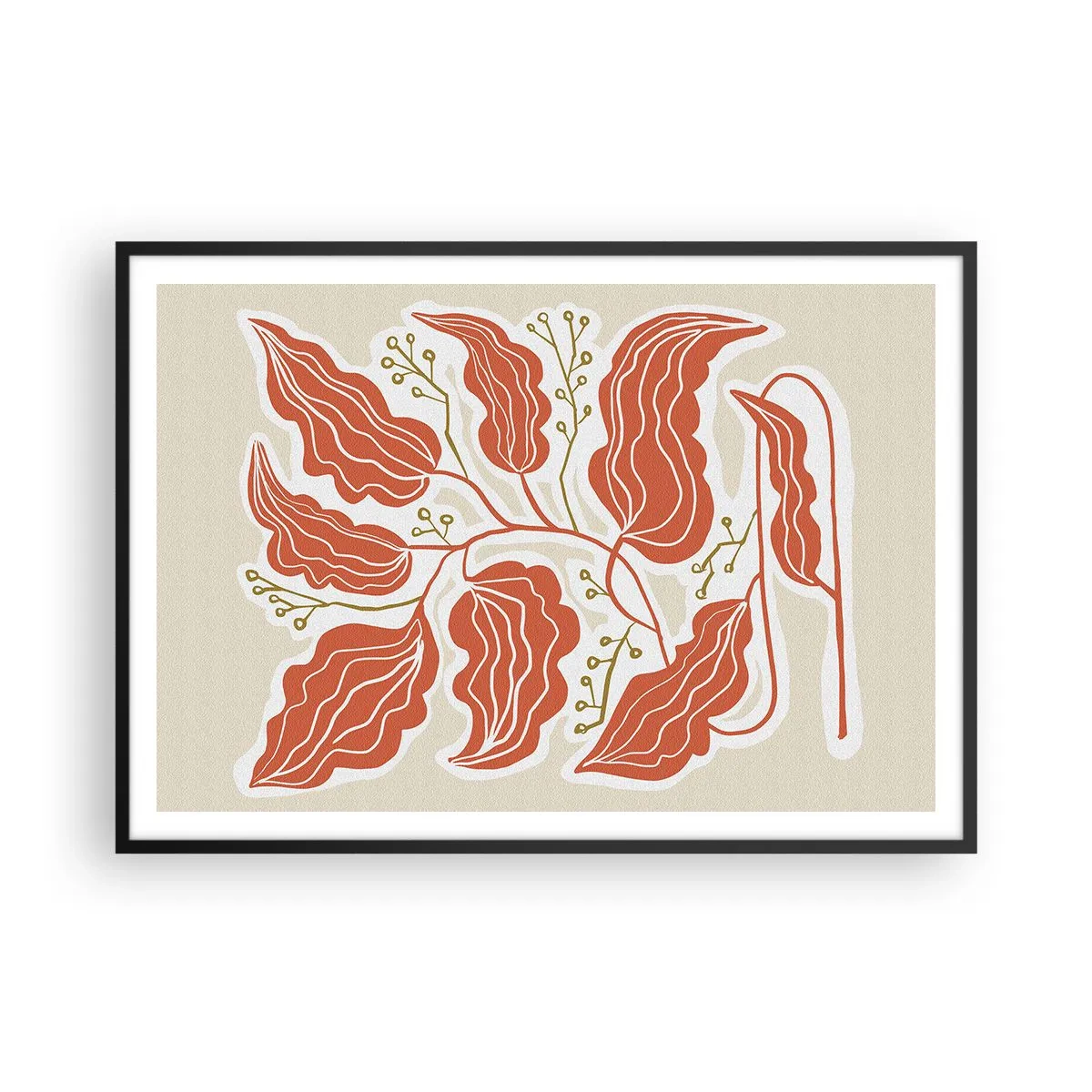 Poster in einem schwarzem Rahmen - Ein minimalistisches Blattmotiv in Orange- und Grüntönen. - 100x70cm - Im Folkstil und korallenartig - Moderne Wanddekoration für Wohnzimmer und Schlafzimmer ARTTOR