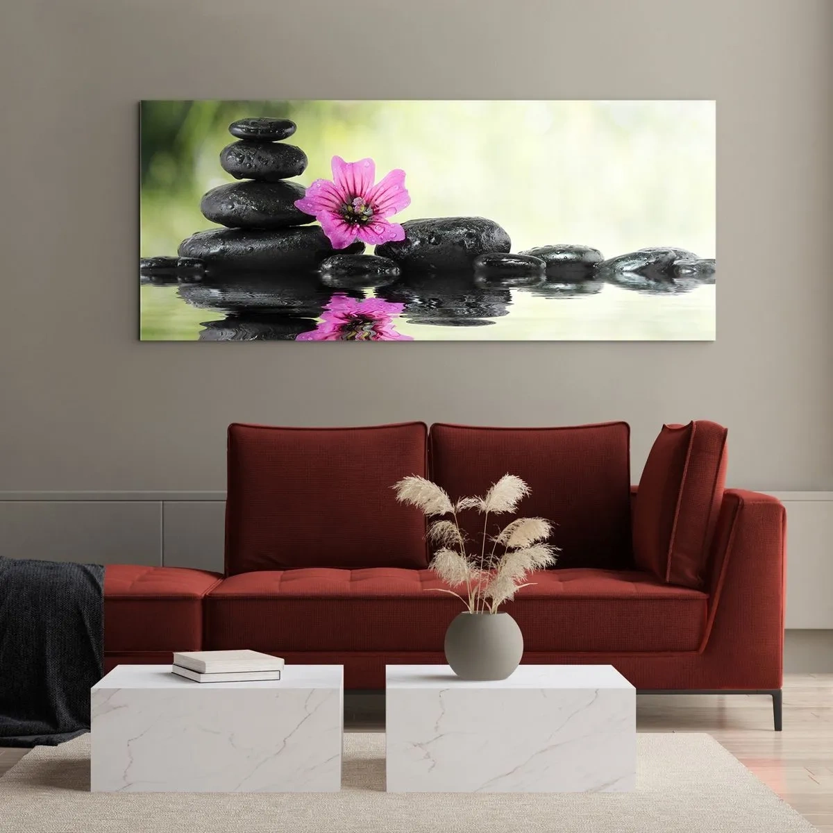 Glasbild - Bild auf glas - Zen-Steine und eine rosa Blume spiegeln sich im Wasser - 120x50cm - Zeit für die Seele - Moderne Wanddekoration für Wohnzimmer und Schlafzimmer ARTTOR