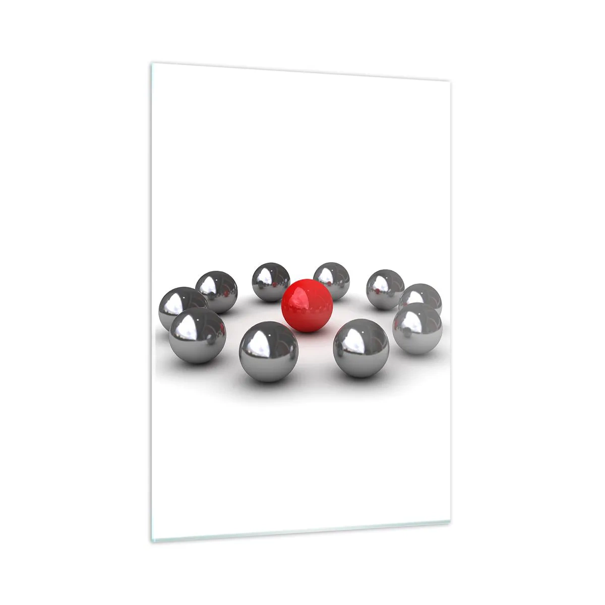 Glasbild - Bild auf glas - Eine rote Kugel, umgeben von Silber auf weißem Hintergrund - 50x70cm - Ein Kreis in Silber und Rot - Moderne Wanddekoration für Wohnzimmer und Schlafzimmer ARTTOR