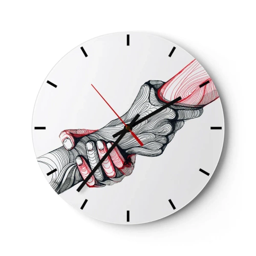 Wanduhr - Glasuhr - Künstlerische Hände beim Händedruck, schwarz-rotes Konturdesign - 30x30cm - Sie sind in guten Händen - Moderne Wanddekoration für Wohnzimmer, Küche und Schlafzimmer ARTTOR