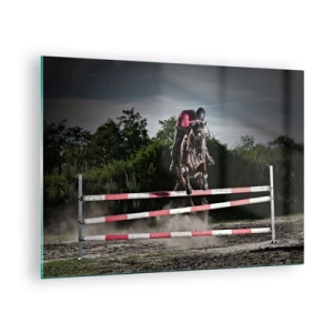 Glasbild - Bild auf glas - Ein Reiter auf einem Pferd springt über ein Hindernis vor der Kulisse der Natur - 70x50cm - Gemeinsam zum Sieg - Moderne Wanddekoration für Wohnzimmer und Schlafzimmer ARTTOR
