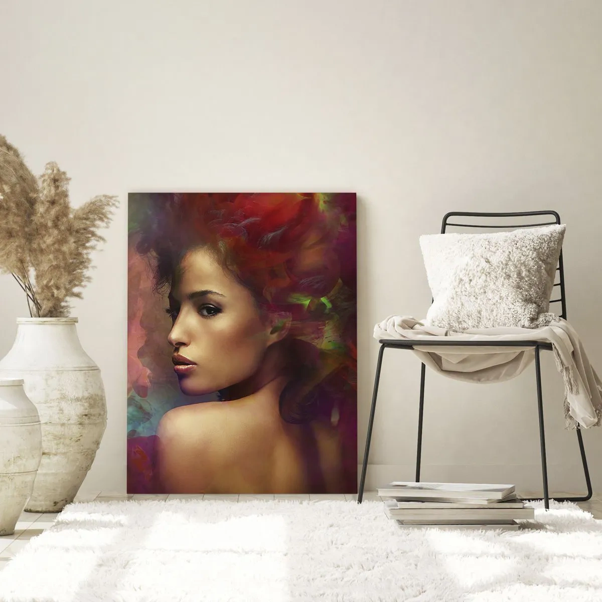 Glasbild - Bild auf glas - Porträt einer Frau in farbenfroher, abstrakter Umgebung - 50x70cm - Schöner als ein Regenbogen, so zart wie ein Nebel - Moderne Wanddekoration für Wohnzimmer und Schlafzimmer ARTTOR