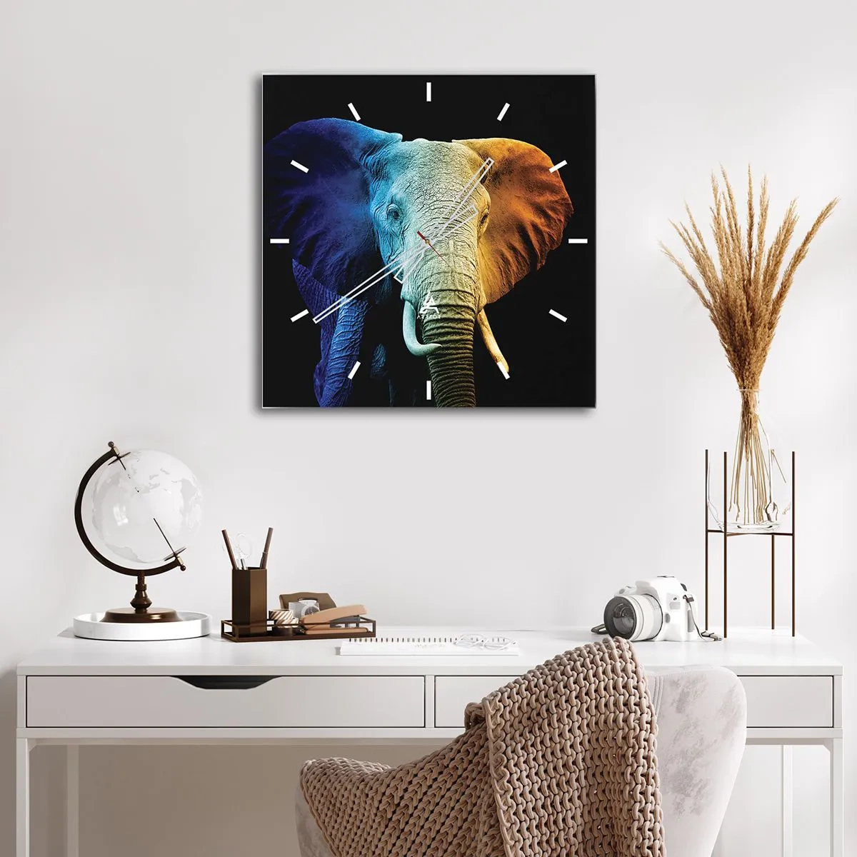 Wanduhr - Glasuhr - Elefantenporträt in Regenbogenfarben - 30x30cm - Exzentrisch, kein Verrückter - Moderne Wanddekoration für Wohnzimmer und Schlafzimmer ARTTOR