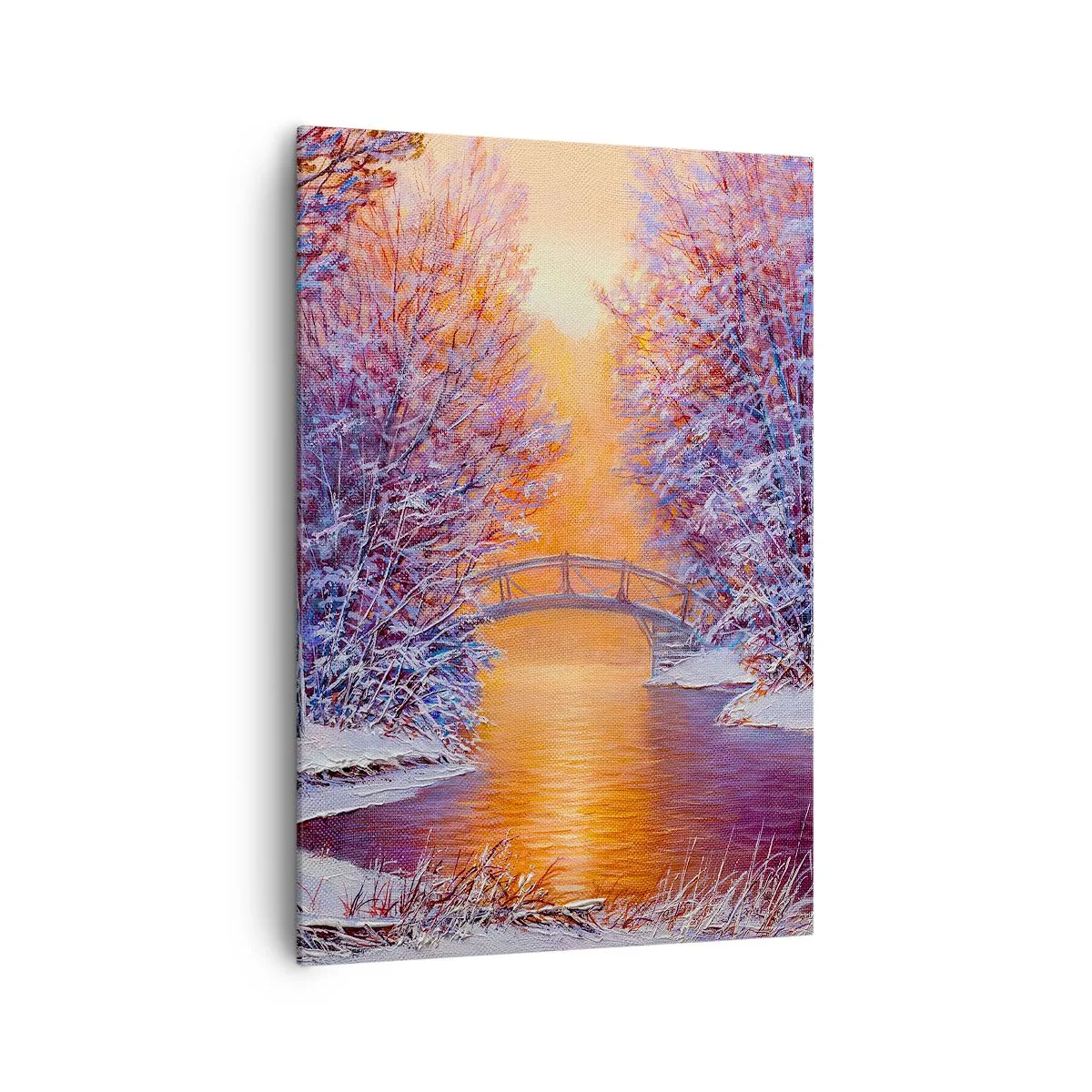 Bild auf Leinwand - Leinwandbild - Winterlandschaft mit Brücke und Sonnenuntergang - 70x100cm - Treffen wir uns hier - Moderne Wanddekoration für Wohnzimmer und Schlafzimmer ARTTOR