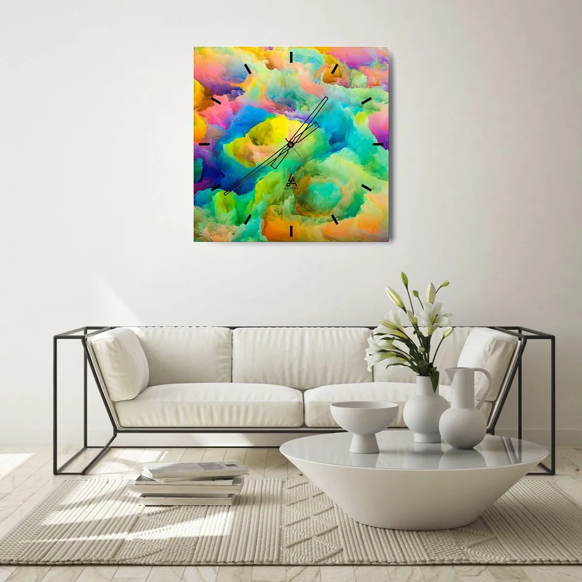 Wanduhr - Glasuhr - Abstrakte Komposition in Regenbogenfarben - 30x30cm - Regenbogen unten - Moderne Wanddekoration für Wohnzimmer und Schlafzimmer ARTTOR