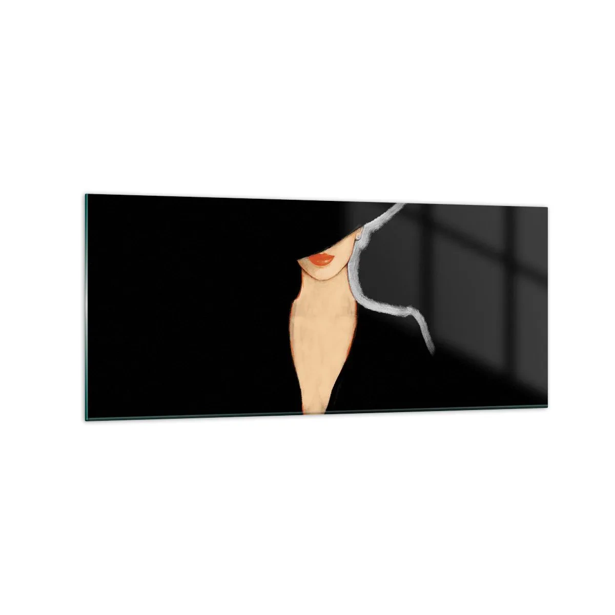 Glasbild - Bild auf glas - Silhouette einer Frau mit Hut auf schwarzem Hintergrund - 120x50cm - Eleganz und Stil - Moderne Wanddekoration für Wohnzimmer und Schlafzimmer ARTTOR