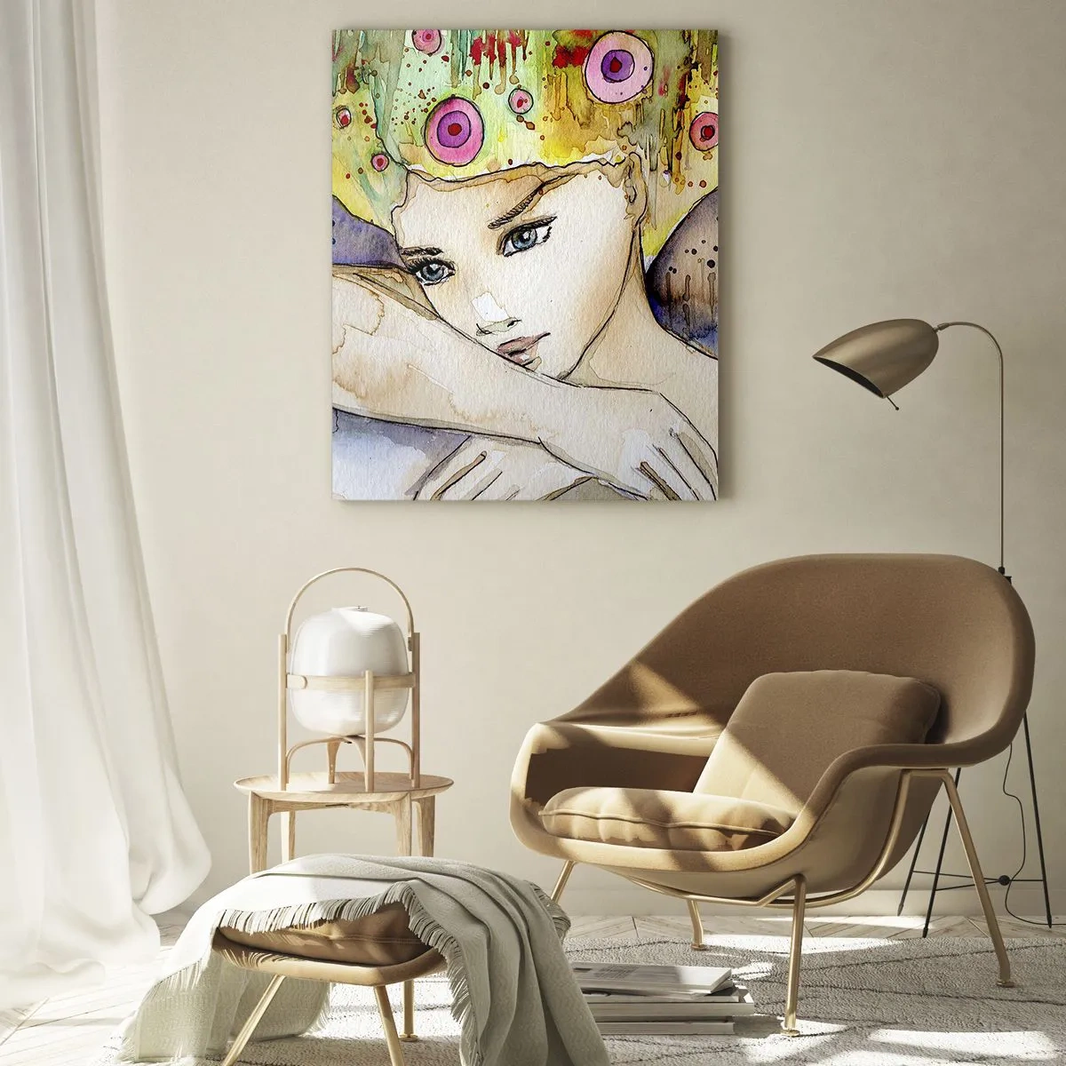 Glasbild - Bild auf glas - Porträt einer Frau mit bunter Frisur und einem Schmetterling in Aquarell - 50x70cm - Schmetterlingsprinzessin - Moderne Wanddekoration für Wohnzimmer und Schlafzimmer ARTTOR