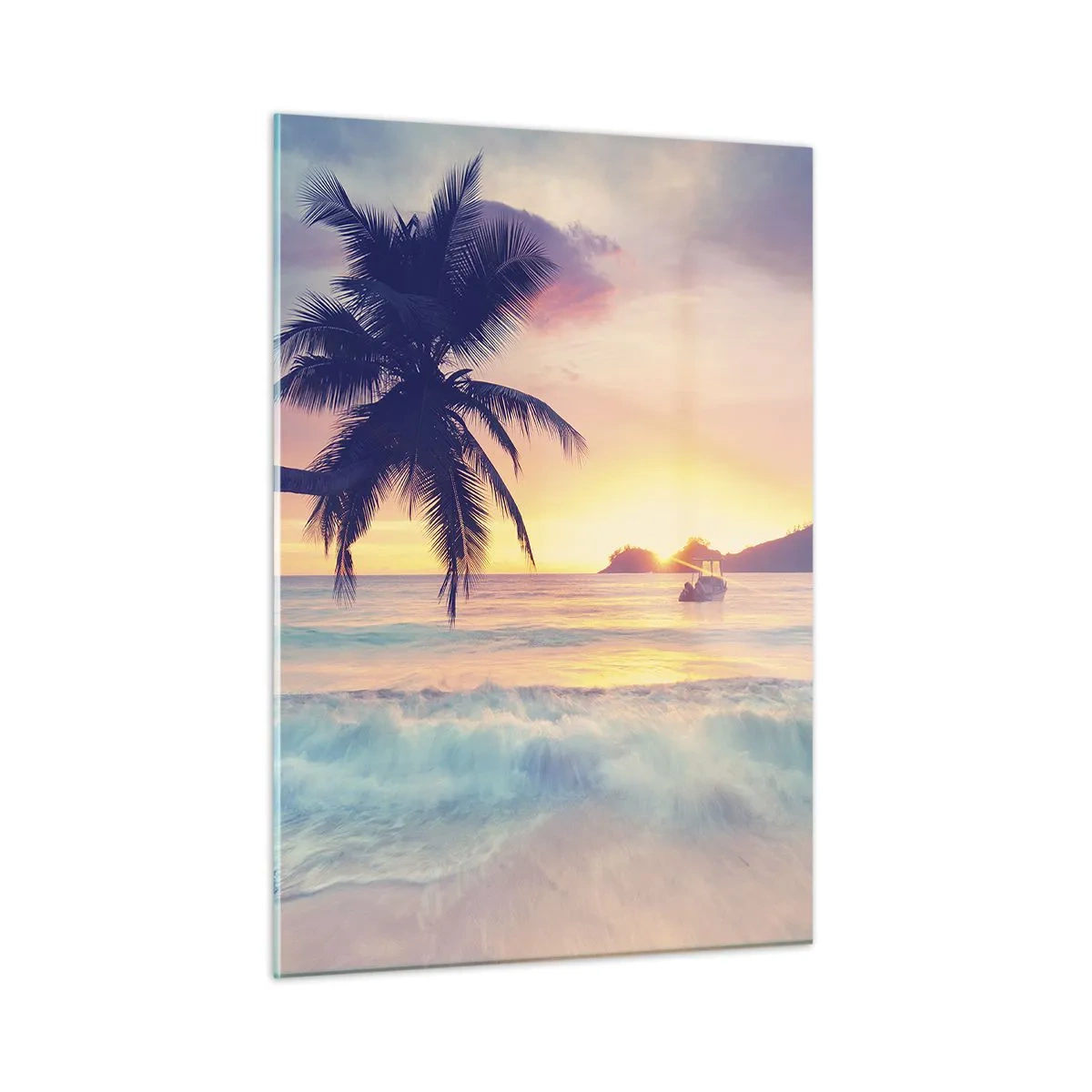 Glasbild - Bild auf glas - Palmenstrand bei Sonnenuntergang mit einem Boot am Horizont - 50x70cm - Ein Abend in der Bucht - Moderne Wanddekoration für Wohnzimmer und Schlafzimmer ARTTOR