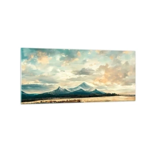 Glasbild - Bild auf glas - Eine malerische Landschaft mit einem Berg und einem ruhigen See - 120x50cm - Unter dem Schutz des Himmels - Moderne Wanddekoration für Wohnzimmer und Schlafzimmer ARTTOR