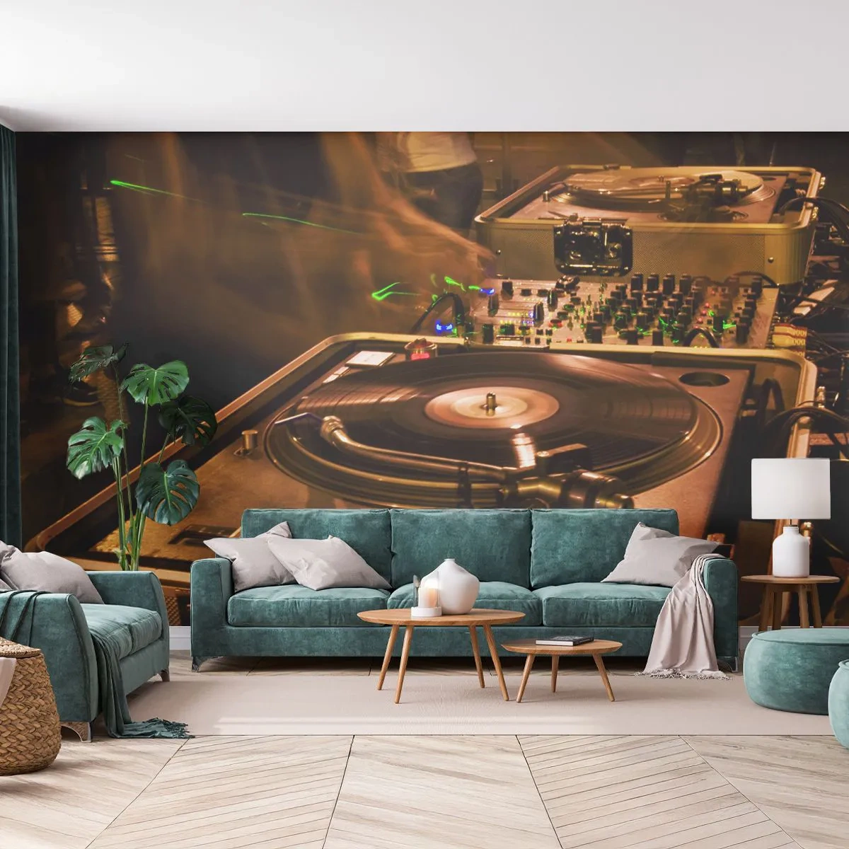 Fototapete Premium Sand - DJ-Konsole mit Plattenspielern in Clubbeleuchtung - 100x70cm - Kannst du die Kraft spüren? - Moderne Wanddekoration für Wohnzimmer und Schlafzimmer ARTTOR